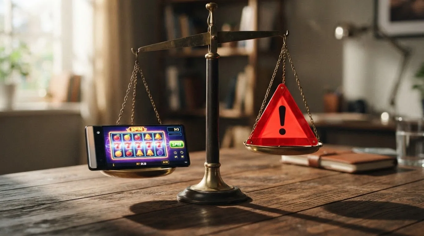 A set of balance scales with a $10 note and a smartphone showing a pokies game on one side, and a warning sign with the ACMA logo on the other