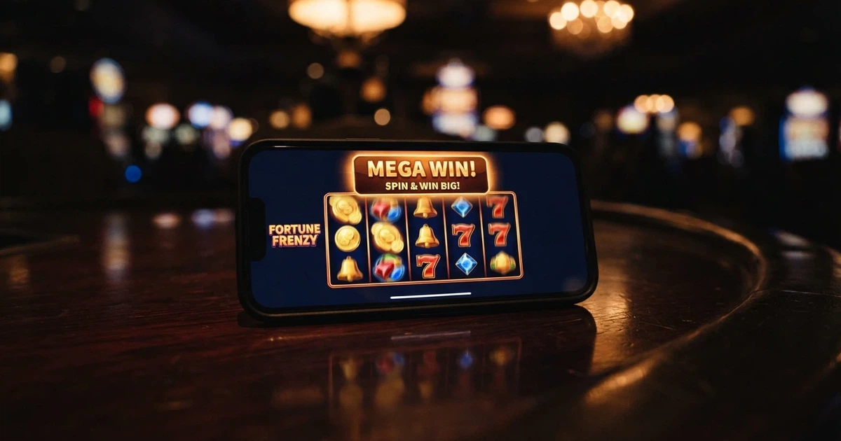 A smartphone screen showing a colourful online pokies reel with a “100 Free Spins” badge overlaid, no deposit prompt visible, set against a dark casino-themed background