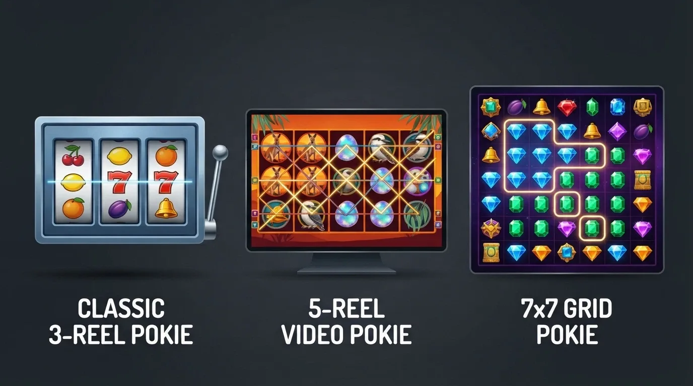 Three pokie screen mock-ups side by side — a classic 3-reel with fruit symbols, a 5-reel video pokie with paylines marked, and a 7-reel grid with cluster highlights