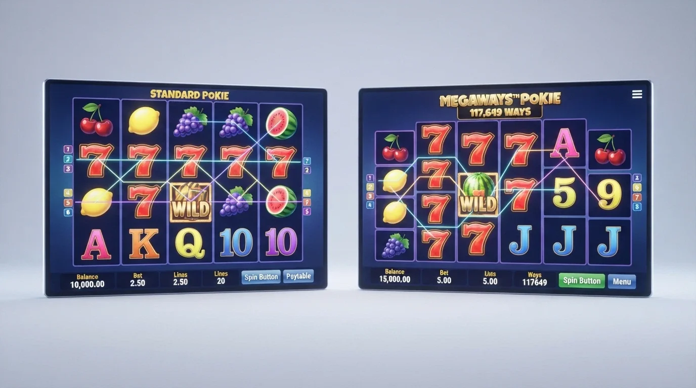 A split comparison showing a standard 5×3 pokie grid on the left and a Megaways layout with variable row heights on the right