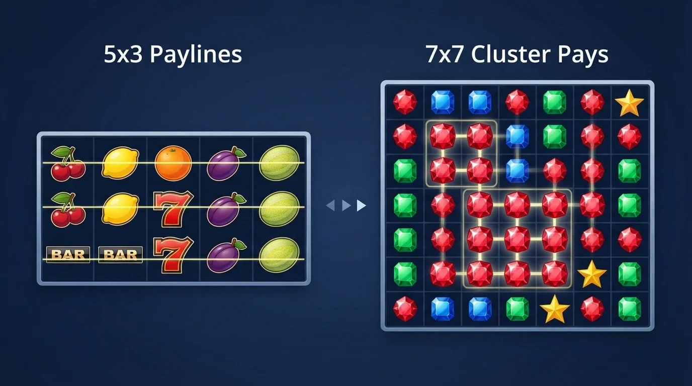 A diagram comparing a standard 5×3 reel layout against a 7×7 grid, with arrows showing how cluster pays trigger across adjacent symbols rather than fixed paylines