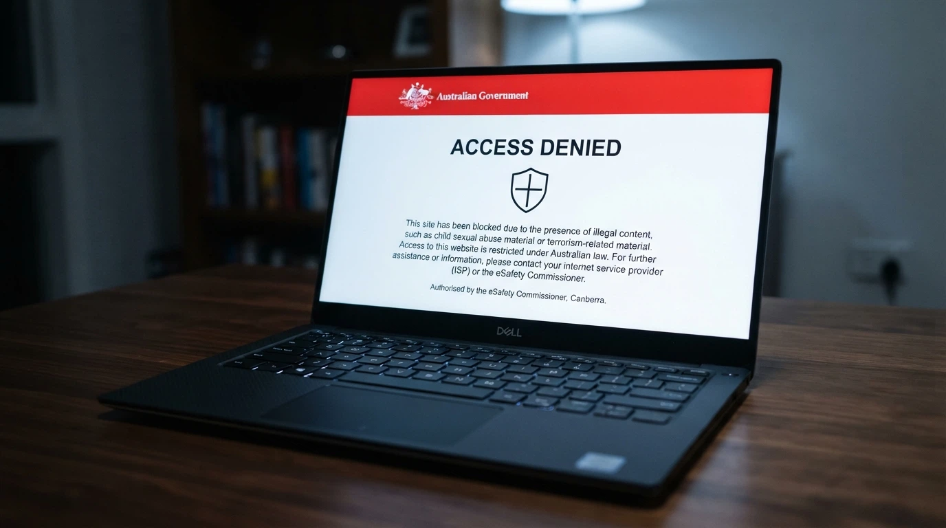 A laptop screen displaying an ACMA blocking notice — the official page an Australian ISP serves when a blocked gambling site is accessed