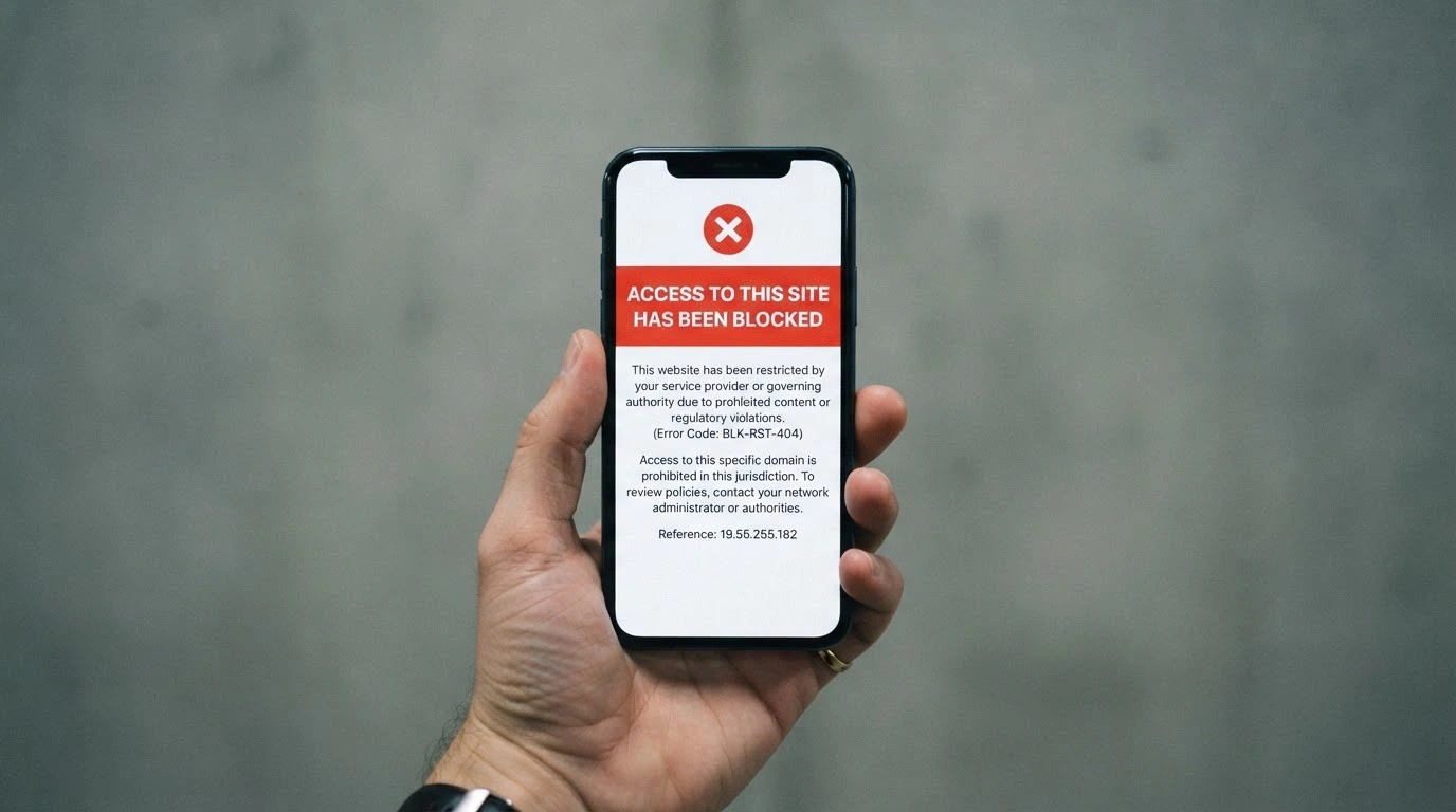 A smartphone displaying an official ACMA blocking notice — the “access to this site has been blocked” message an Australian ISP serves when a casino is on the ACMA blacklist