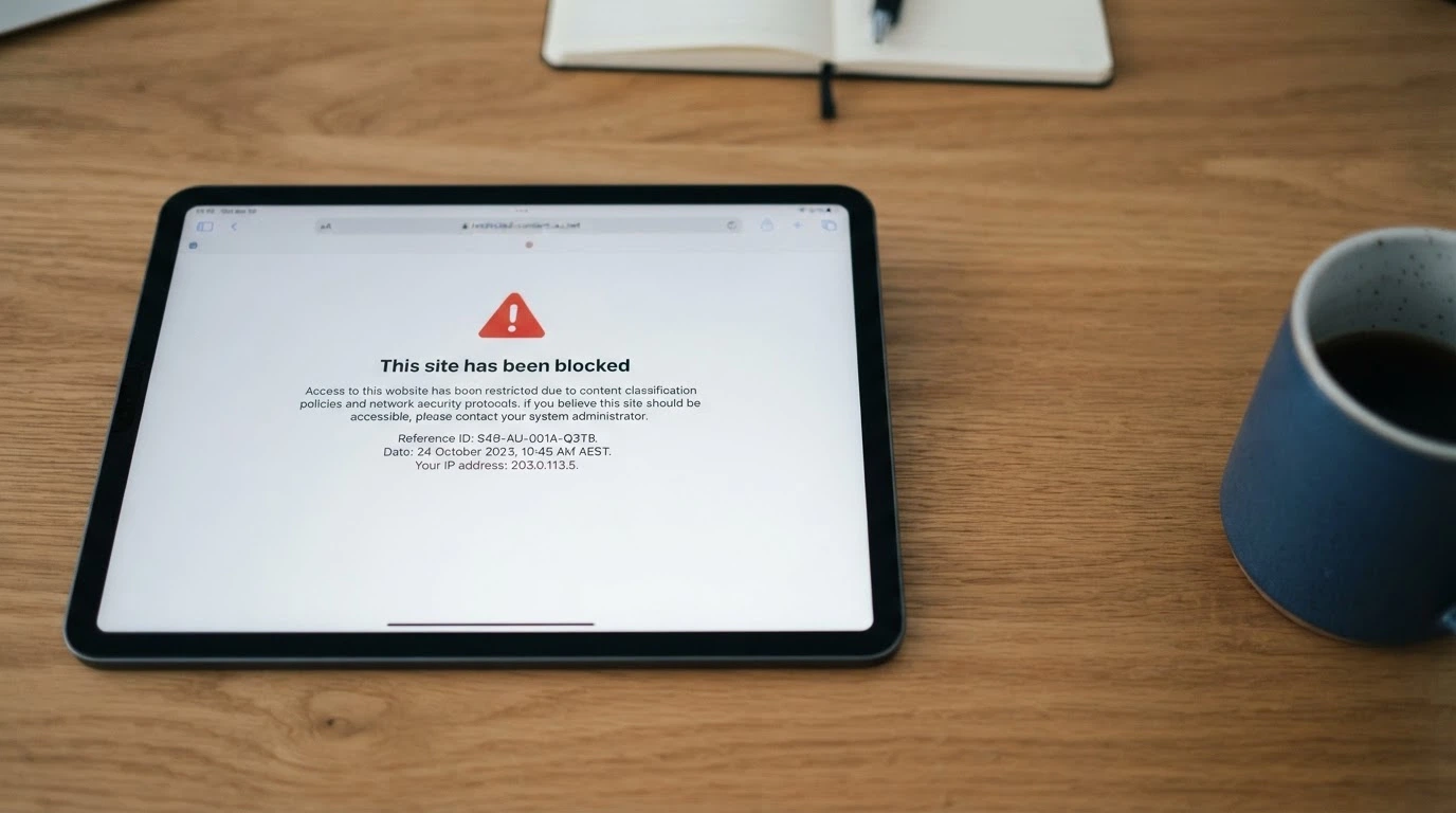 An iPad browser showing an ACMA site-blocking notice — the standard ISP block page an Australian user sees when trying to reach a blocked gambling site