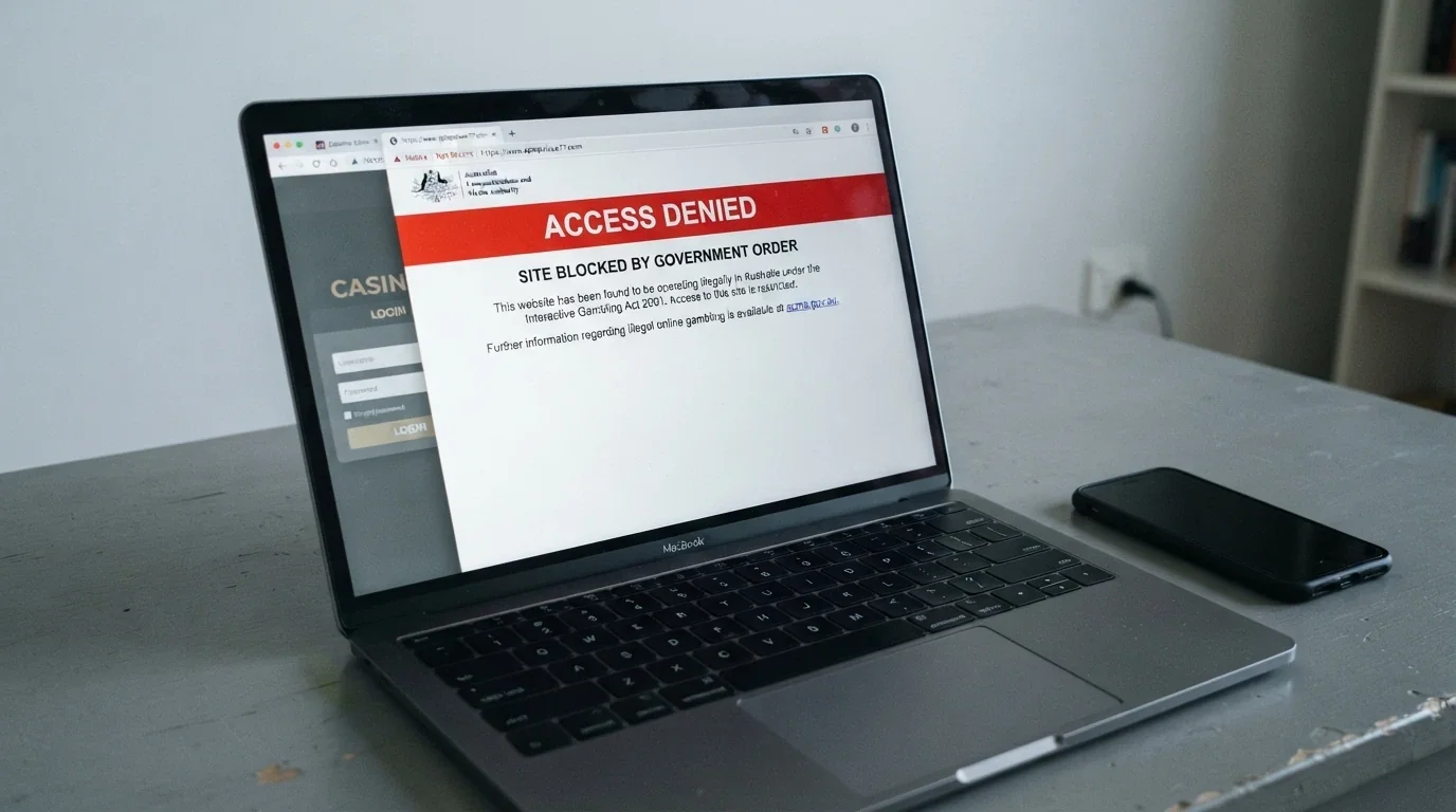 A browser window showing an ACMA blocking notice — the standard Australian ISP block page — next to an offshore casino login screen