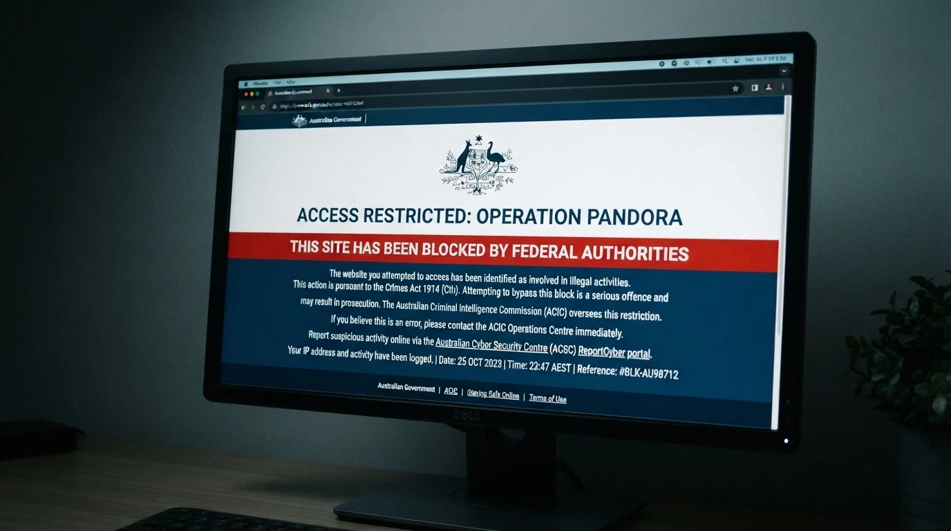 A web browser window showing an official ACMA site-blocked notice with the Australian Government crest
