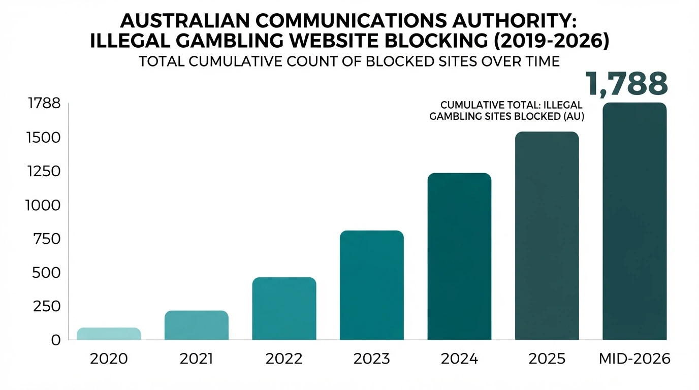 A bar chart showing the cumulative number of illegal gambling websites blocked by the ACMA from November 2019 to August 2026, with the total at 1,788