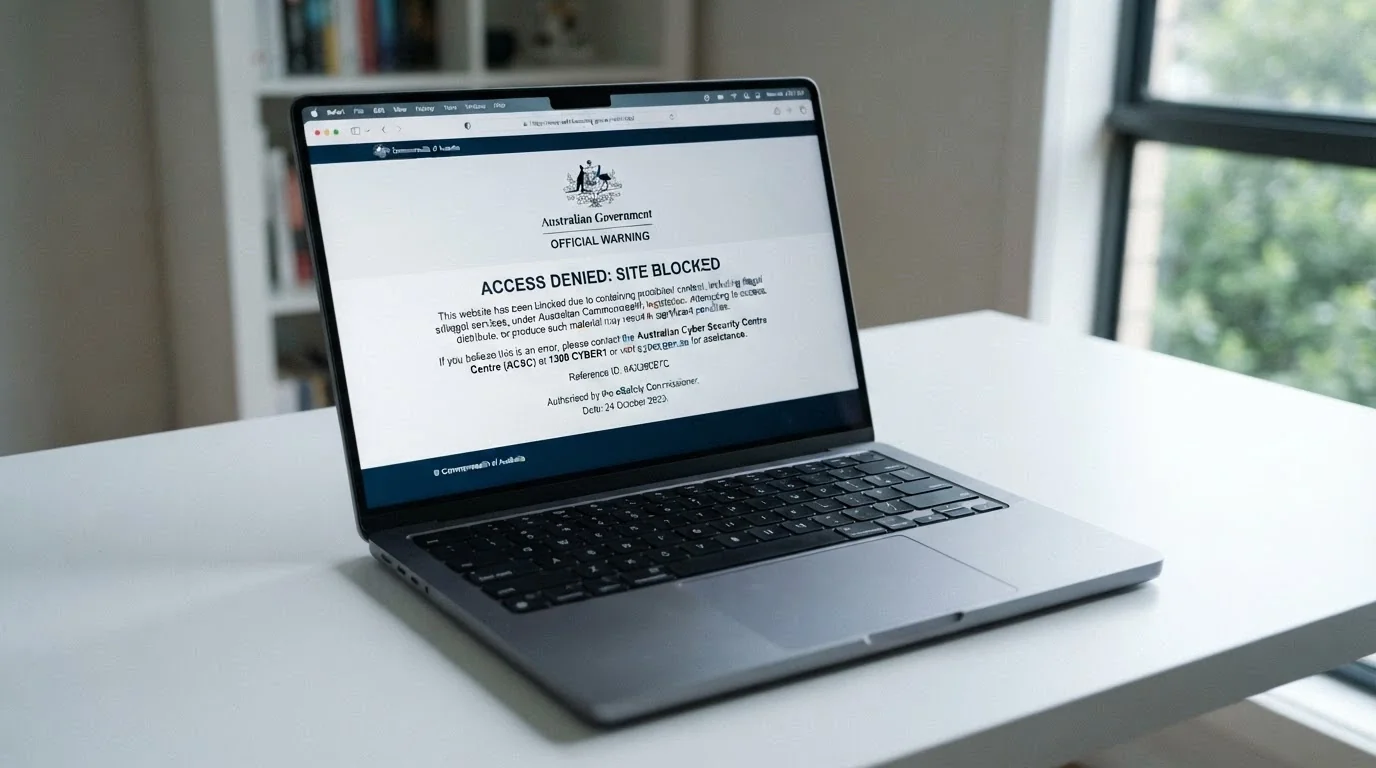 A laptop screen showing the ACMA website with a blocked-gambling-site notice, with an Australian government crest visible in the header