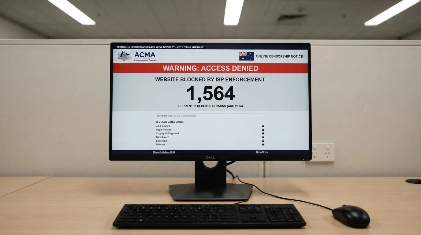 A computer screen displaying the ACMA website with a blocked-gambling-site notice and the figure 1,564 sites blocked