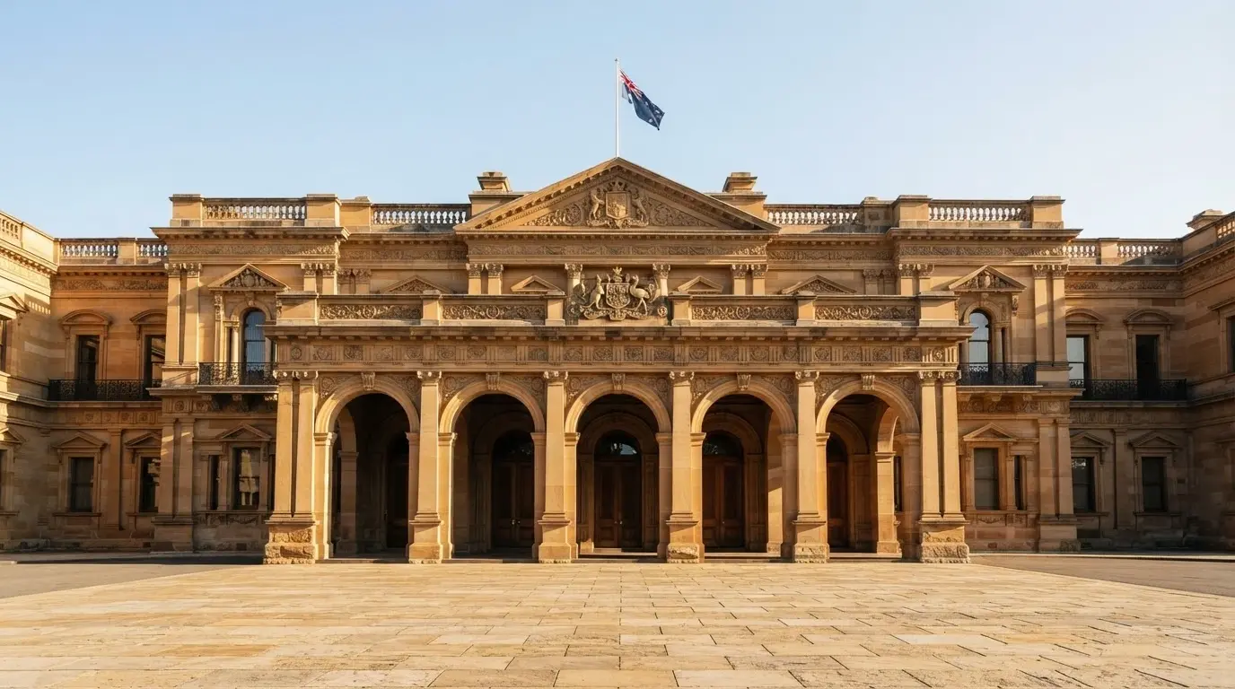 A government building with the Australian coat of arms visible above the entrance, framed against a clear sky
