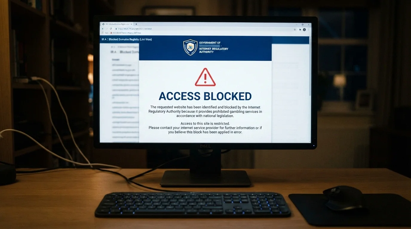 An Australian internet browser showing an ACMA blocking notice alongside a list of blocked offshore gambling domains on a desktop screen