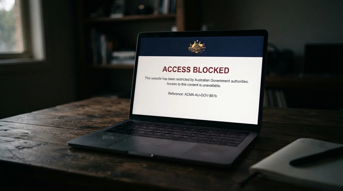 A browser window displaying the ACMA's blocked-site warning page with the Australian Government crest visible