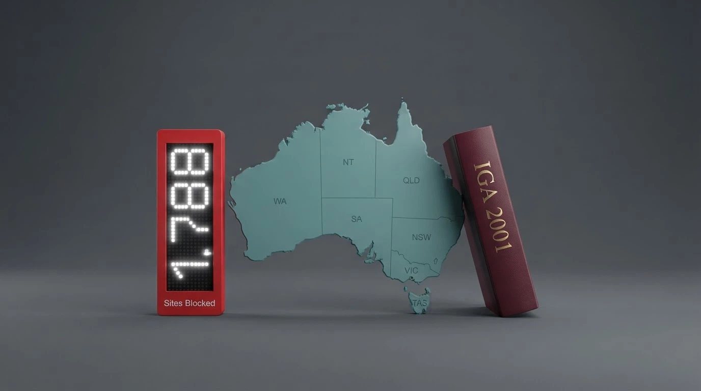 a graphic representation of the ACMA blocking regime — a map of Australia with blocked-site counters (1,788) and the IGA statute book beside it
