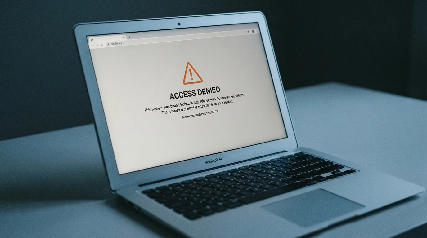 A stylised representation of an ACMA website-block notice as seen by an Australian internet user, with the ACMA logo visible