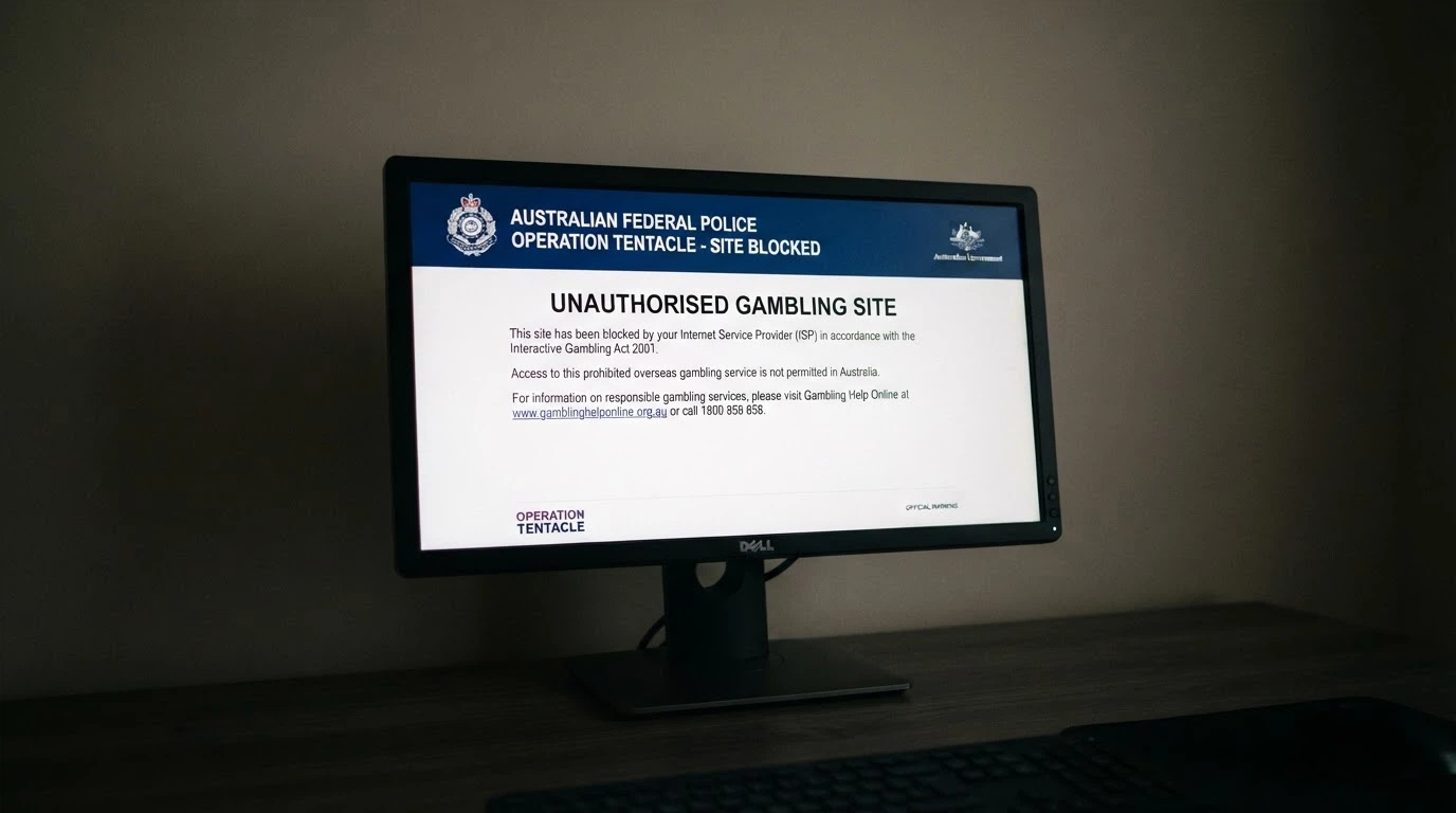A browser window displaying an ACMA site-block notice — the standard screen an AU user sees when an illegal gambling site is blocked by ISPs