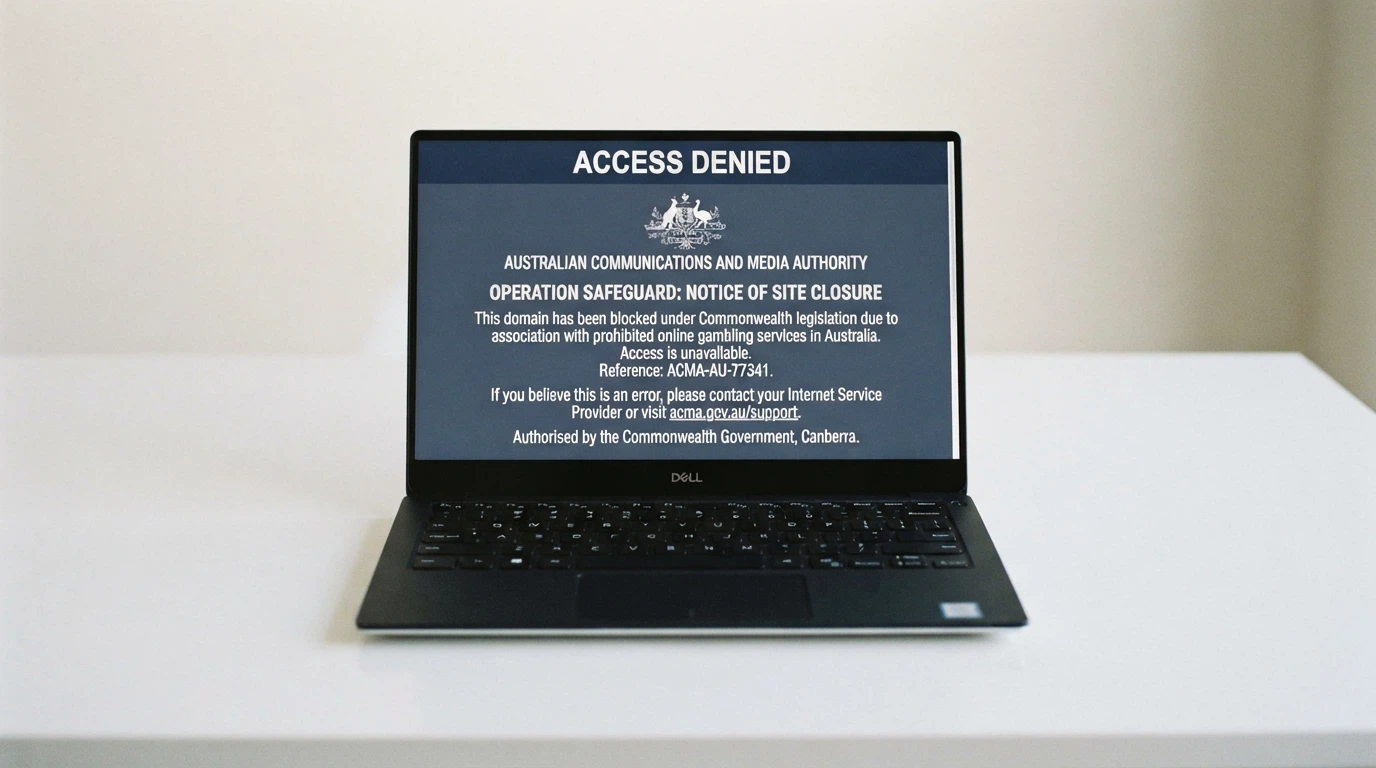 A laptop screen displaying an ACMA website-blocked notice — the landing page an Australian internet user sees when an ISP has blocked an illegal gambling site