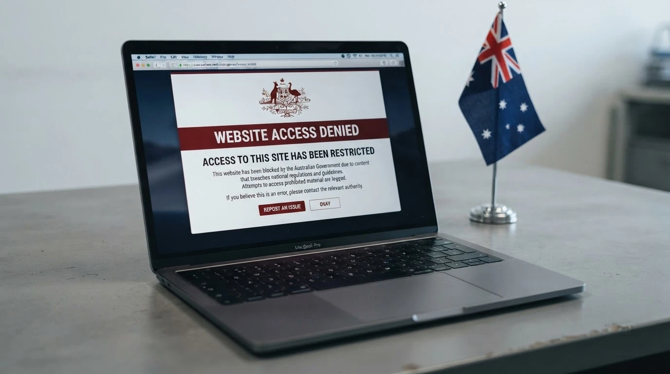 A government-style blocked-website notice referencing the ACMA and the Interactive Gambling Act, with a .gov.au domain visible in the browser bar