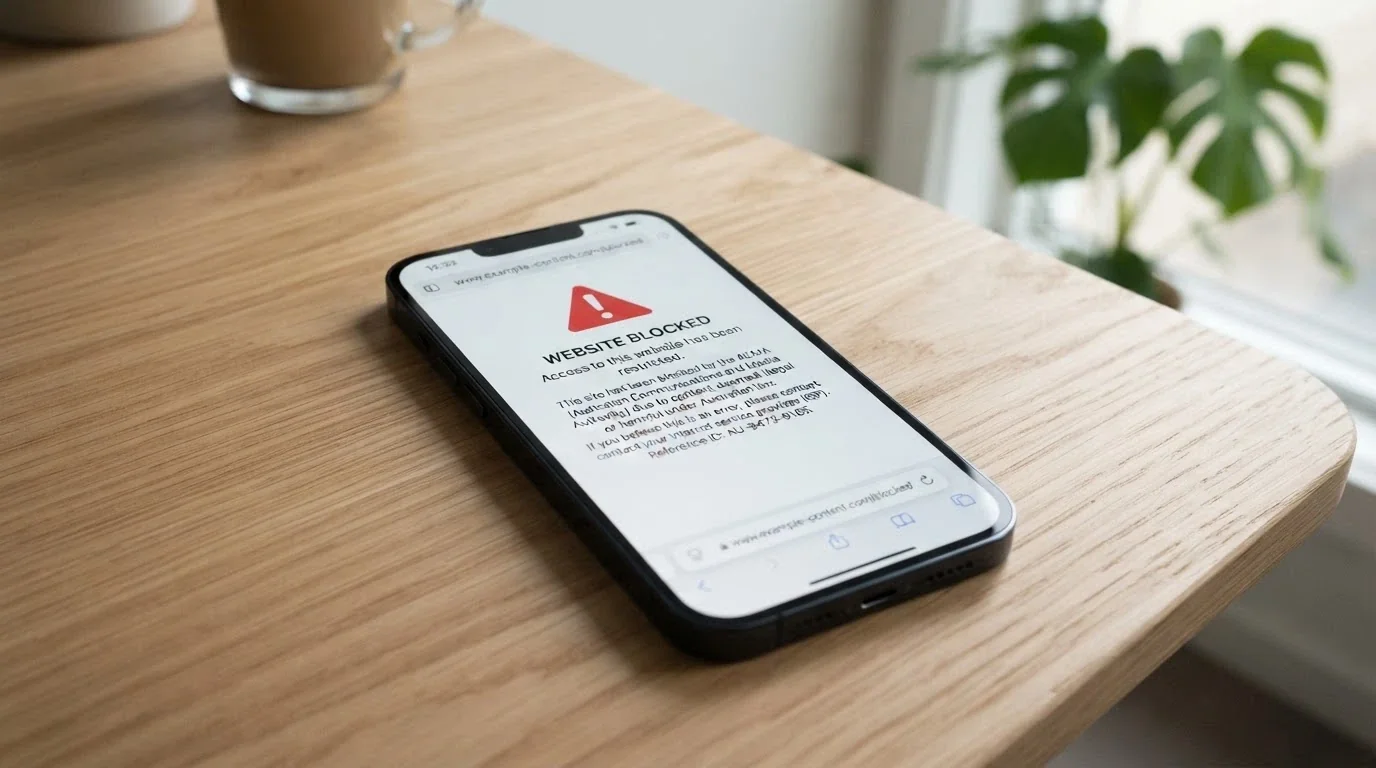 Android phone browser displaying the ACMA blocked-site notice with the Australian Government crest and a brief explanation of the block