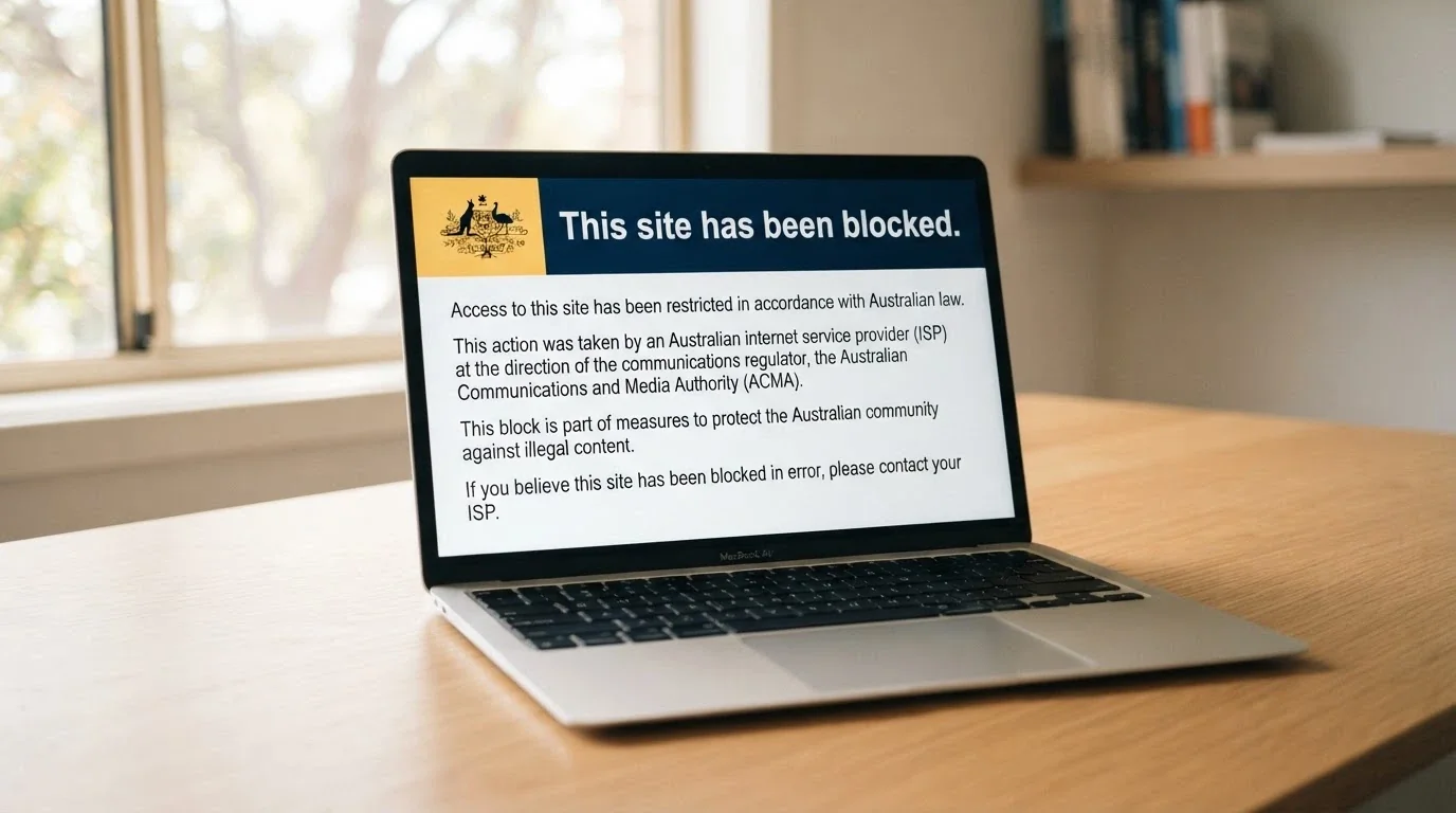 A web browser displaying the ACMA site-blocked notice with the Australian Government crest visible