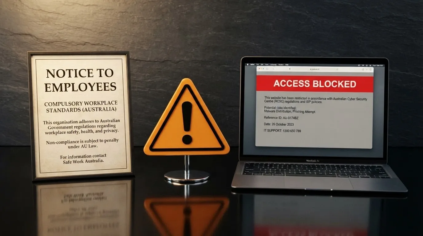 An Australian Government coat of arms beside a warning triangle and a browser window showing a blocked-site notice