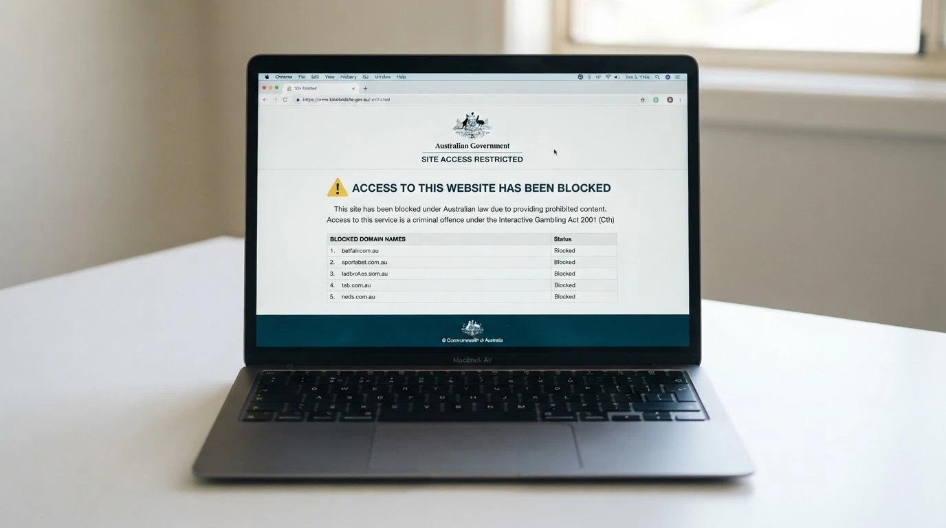 An ACMA website-blocking notice displayed on a browser window, with the Interactive Gambling Act citation visible and a list of blocked domain names beneath it