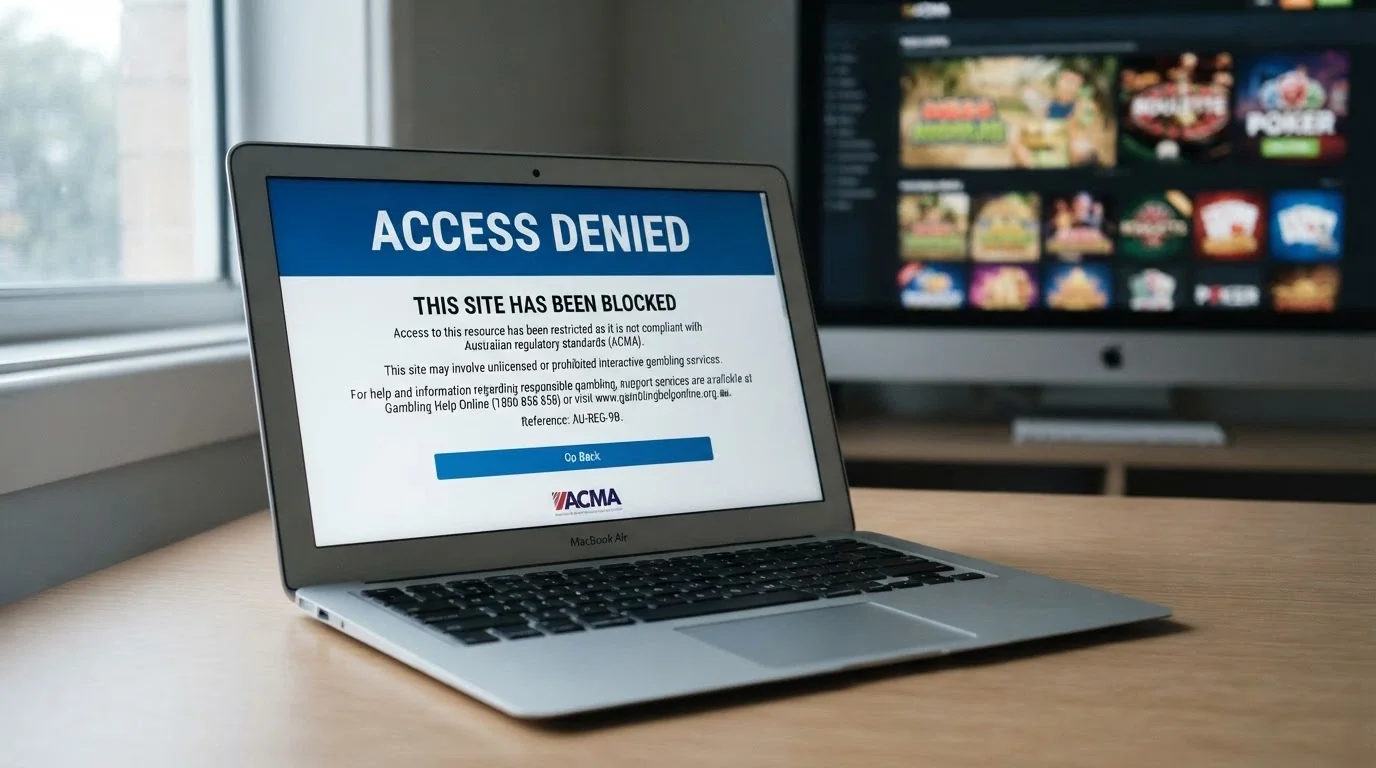 A web browser displaying an ACMA blocking notice page with the Australian coat of arms, overlaid on a faint casino lobby background
