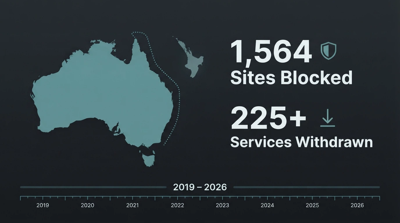 An infographic showing the ACMA's enforcement numbers — 1,564 sites blocked, 225+ services withdrawn — alongside a map marking offshore casino jurisdictions (Curaçao) and the Australian regulatory boundary