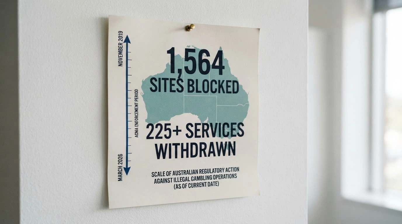 An infographic-style visual showing the scale of ACMA enforcement — 1,564 sites blocked, 225+ services withdrawn — with the Australian map in the background