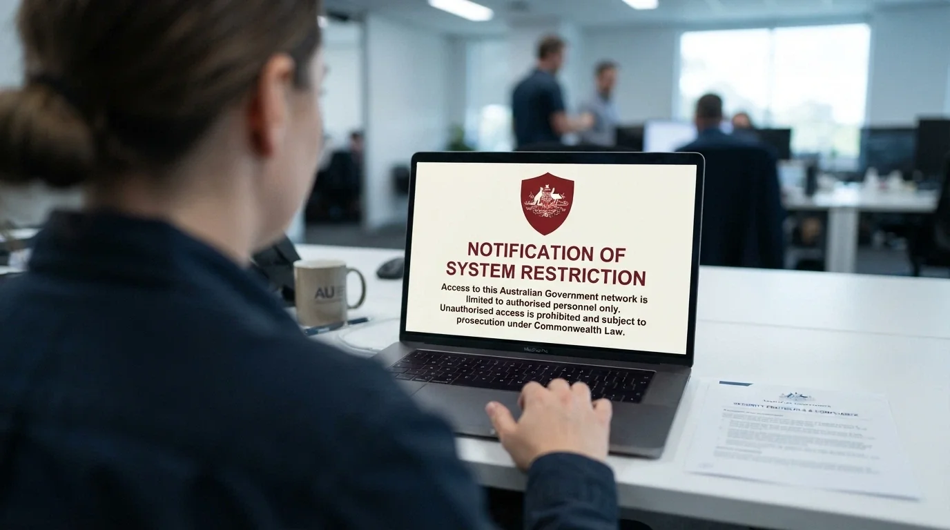 A device screen displaying an ACMA-branded website-blocked notice beside the Australian coat of arms