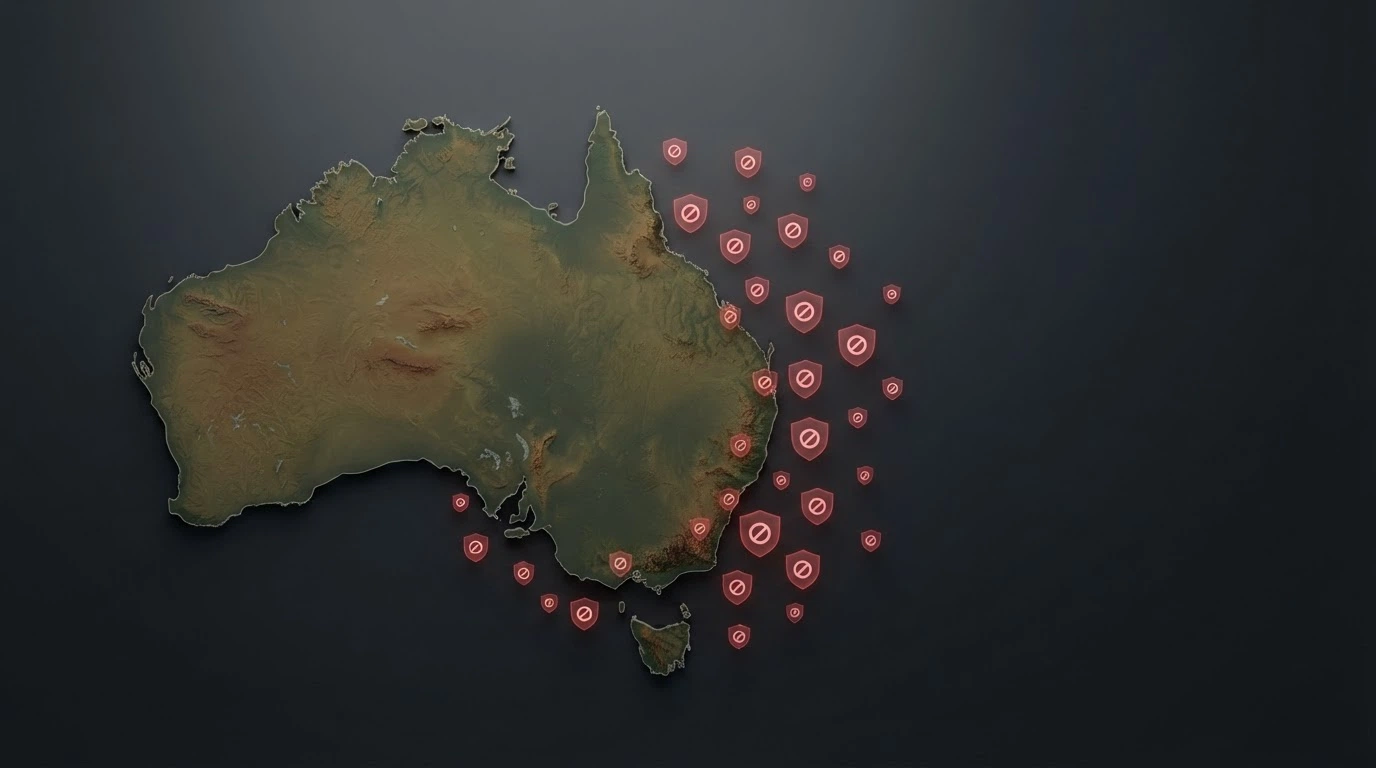 A stylised map of Australia with blocked-site icons radiating from it and the ACMA logo visible, conveying enforcement reach without showing a specific blocked URL