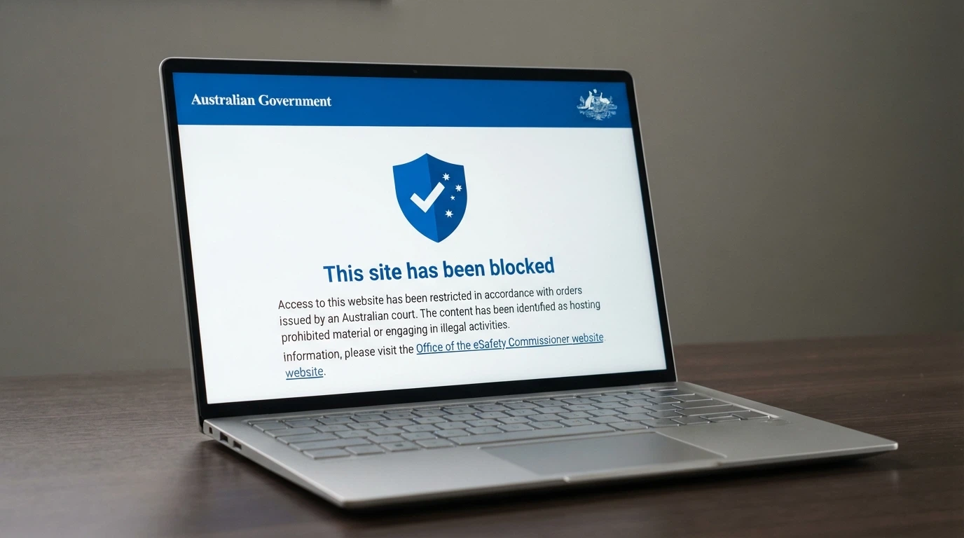A laptop showing a blocked-website notice page