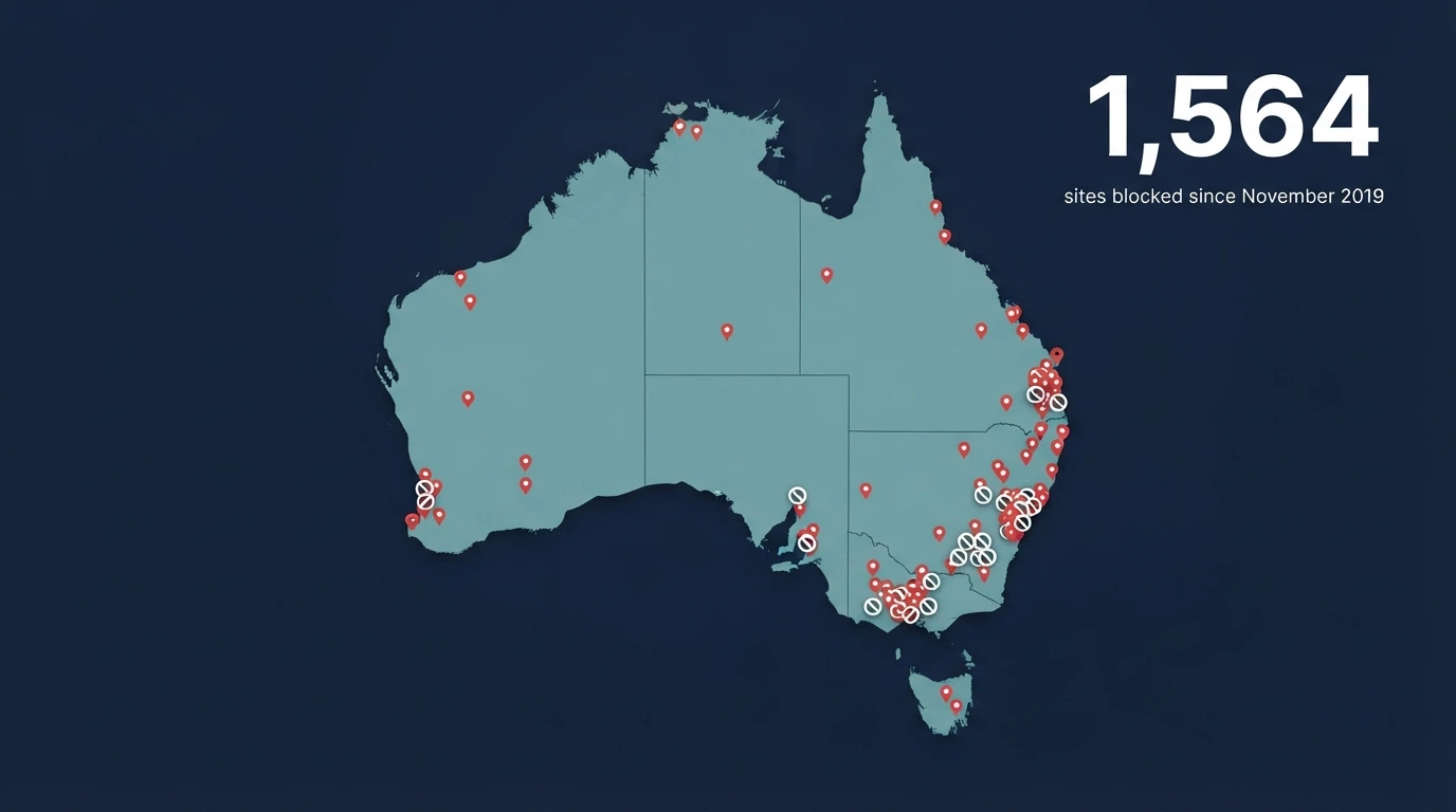 A stylised map of Australia with blocked-site indicators and the figure 1,564 sites blocked since November 2019