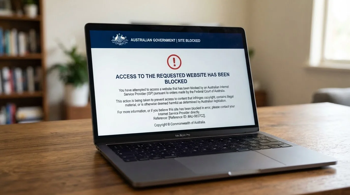 A representation of an ACMA website-blocking notice as it appears to an Australian internet user, with the ACMA logo and blocking text visible