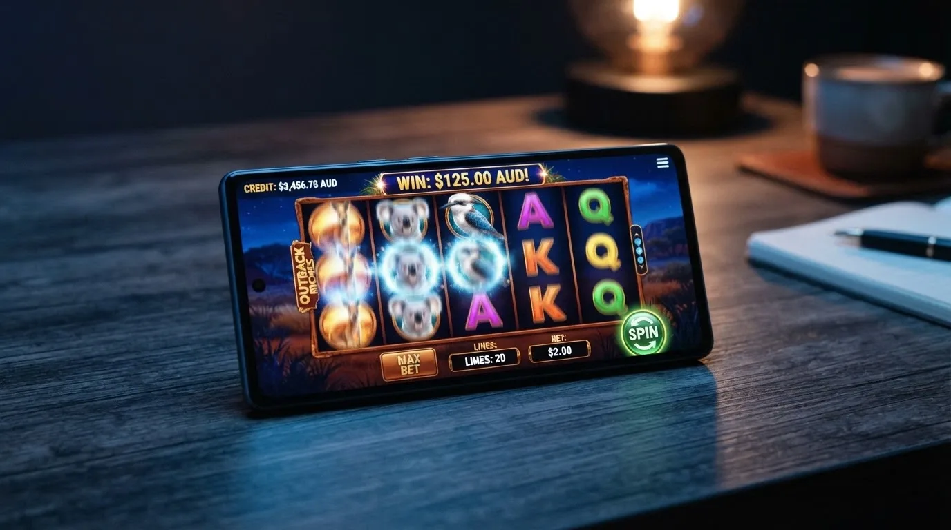 Android phone in landscape orientation showing a five-reel pokies game mid-spin with the spin button, AU dollar balance and win counter visible
