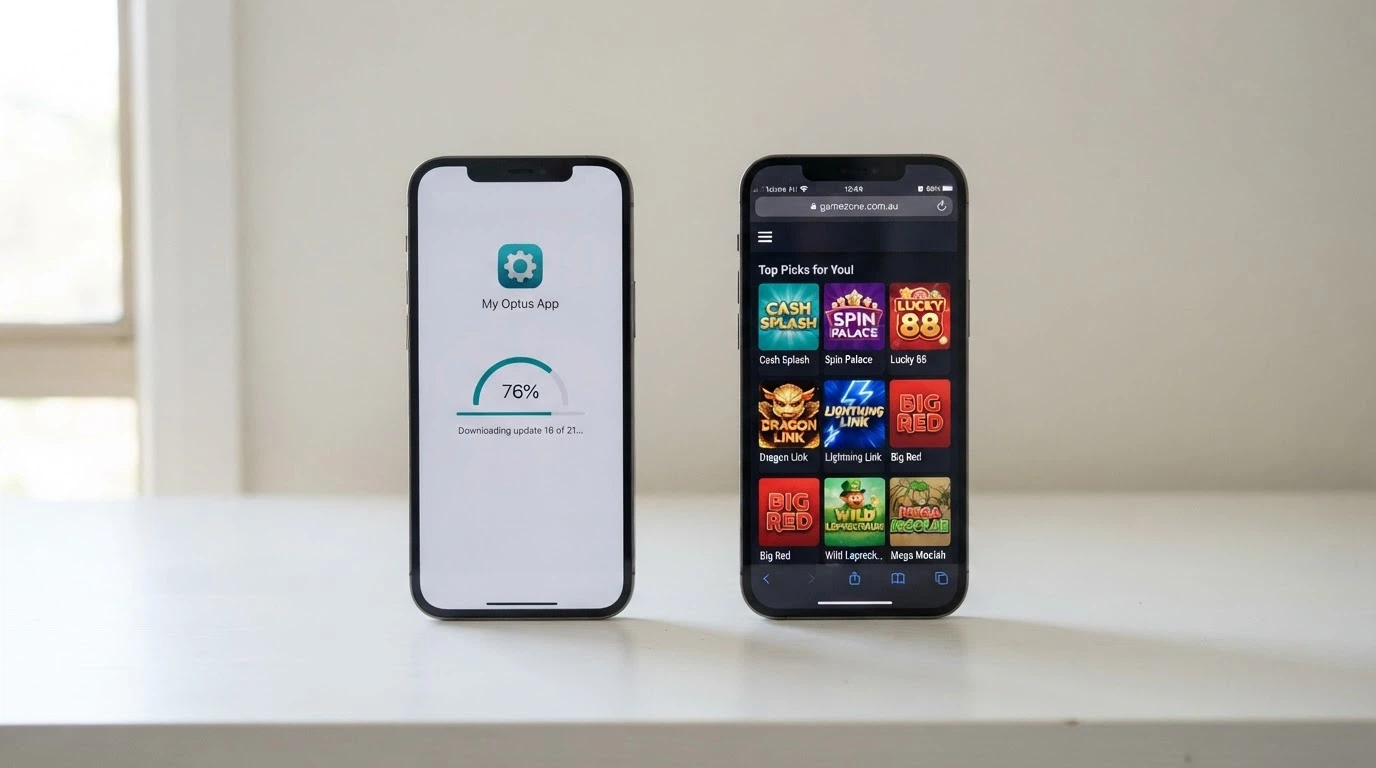 Two phones side by side: one showing a download screen, one showing a browser