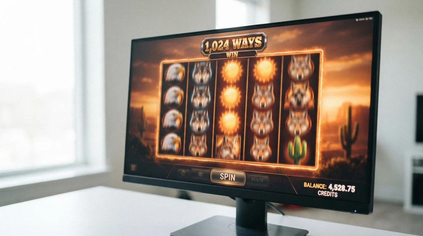 A close-up of the Buffalo online pokie interface showing the 5×4 grid, 1024-ways logo and sunset-themed symbols on a desktop screen