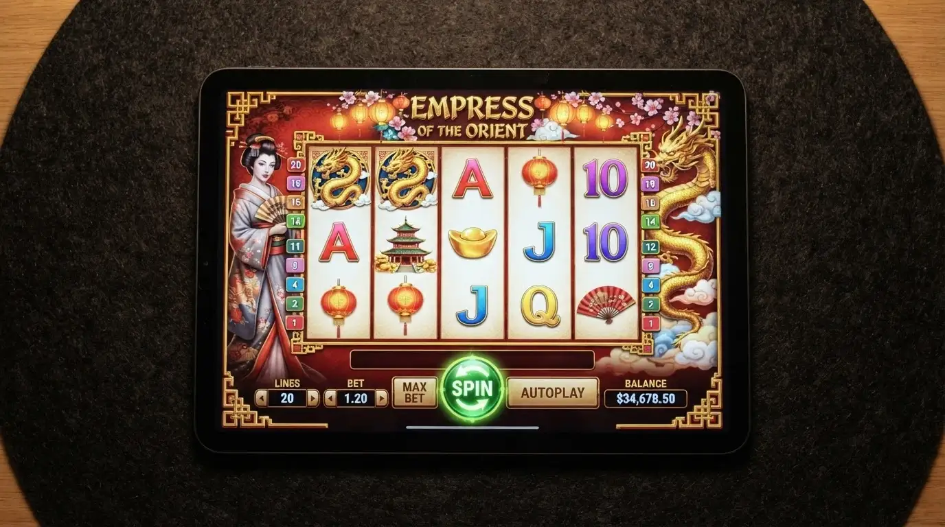 An iPad in landscape orientation showing an Aristocrat pokie title screen with the spin button and payline indicators