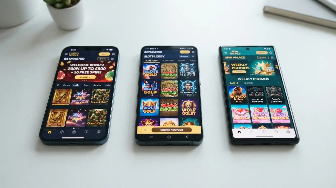 A split-screen view of three different mobile casino home screens on smartphone displays, each showing a welcome-bonus banner, game thumbnails and a cashier icon