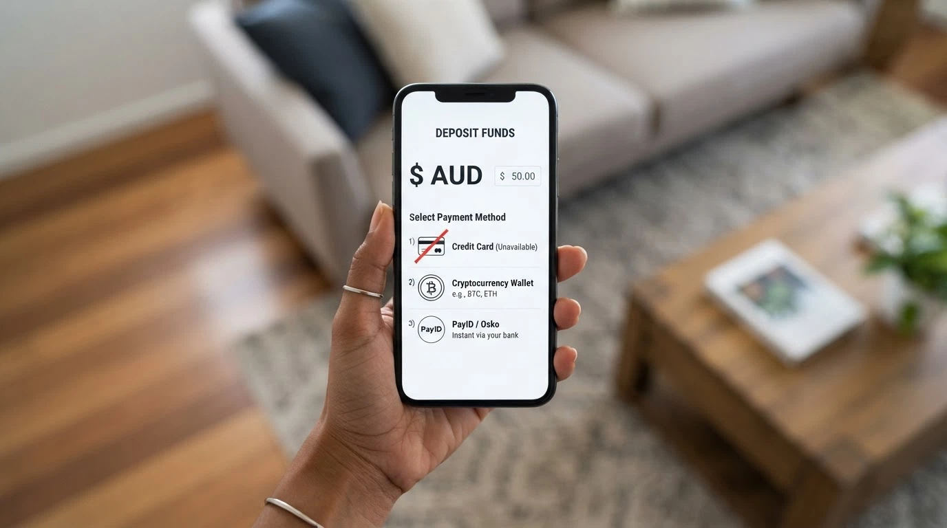 A smartphone showing a casino deposit screen with AUD, Bitcoin and PayID options visible, a credit card icon crossed out next to them