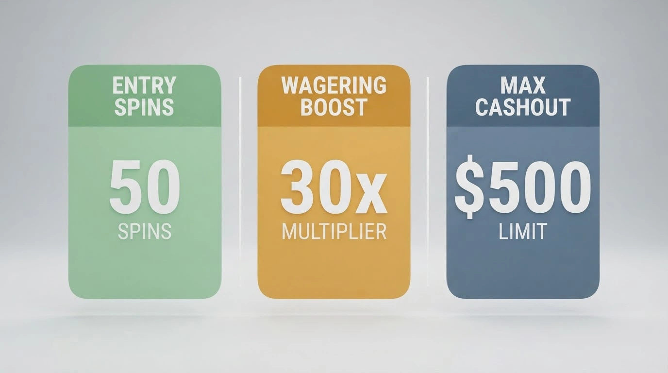 A comparison grid or side-by-side layout of casino brand cards with key figures — spin counts, wagering numbers and cashout caps — displayed as a clean visual summary
