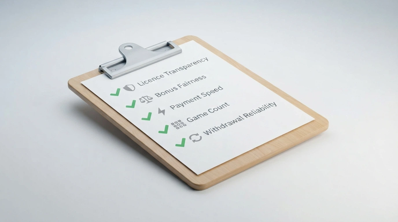A scorecard or checklist concept showing five key ranking factors — licence transparency, bonus fairness, payment speed, game count and withdrawal reliability