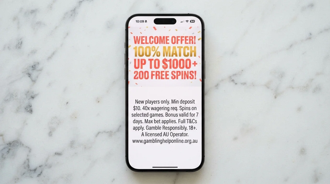 A welcome bonus offer banner showing a large match percentage and free-spins count alongside fine-print terms beneath it
