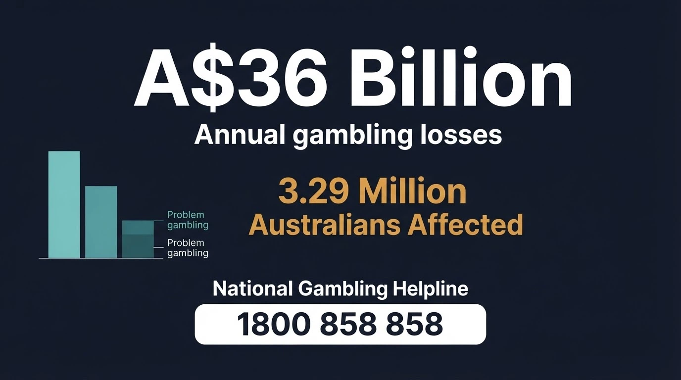 A data visualisation showing A$36 billion in annual losses alongside the 3.29 million Australians affected figure, with the National Gambling Helpline number 1800 858 858 prominent