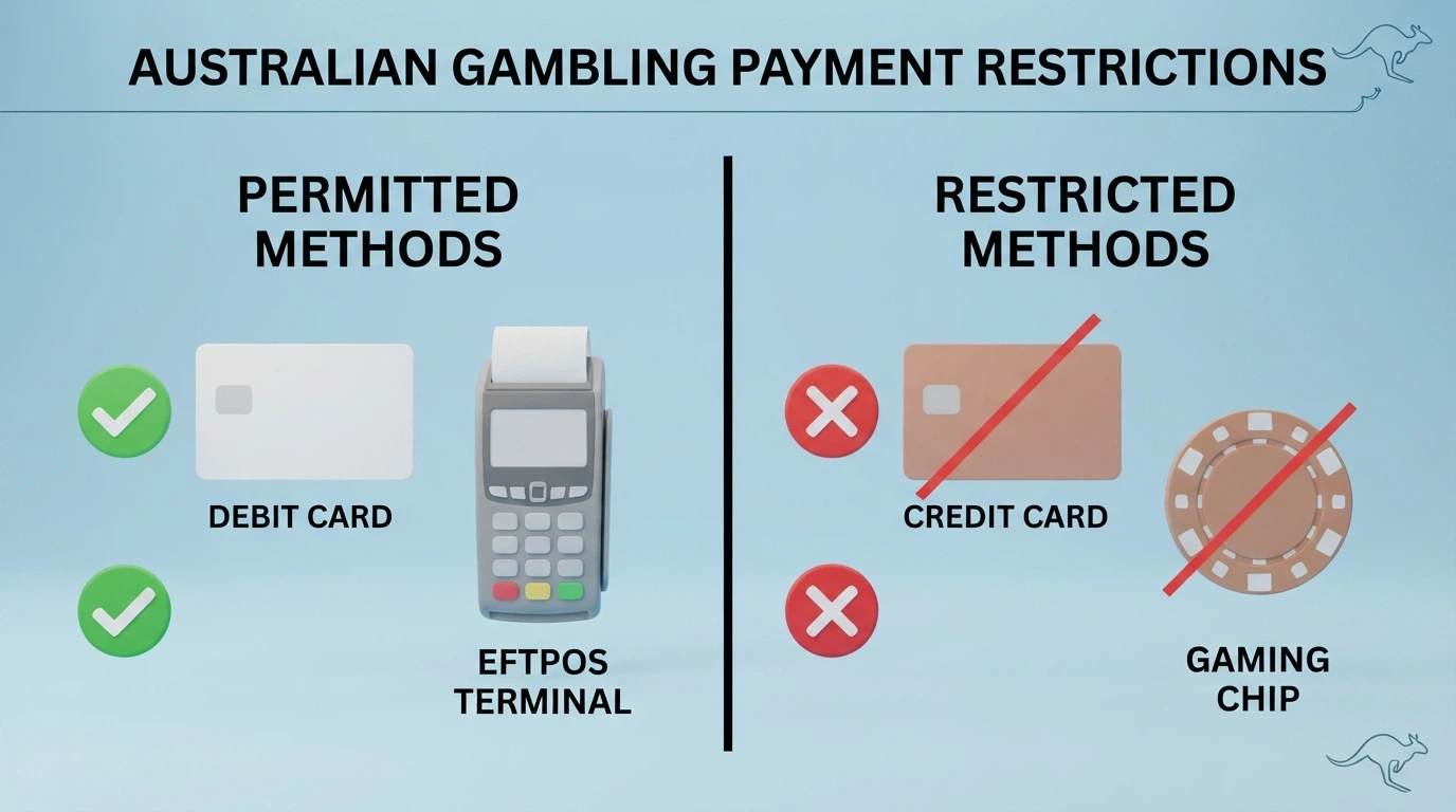 Australian debit card and PayID logos shown as permitted, with credit card and crypto icons crossed out in red