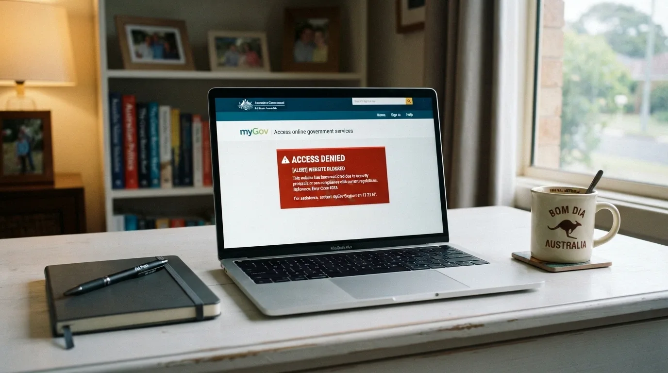 The ACMA website homepage on a laptop screen, with the Interactive Gambling Act section visible and a blocked-site notification overlay
