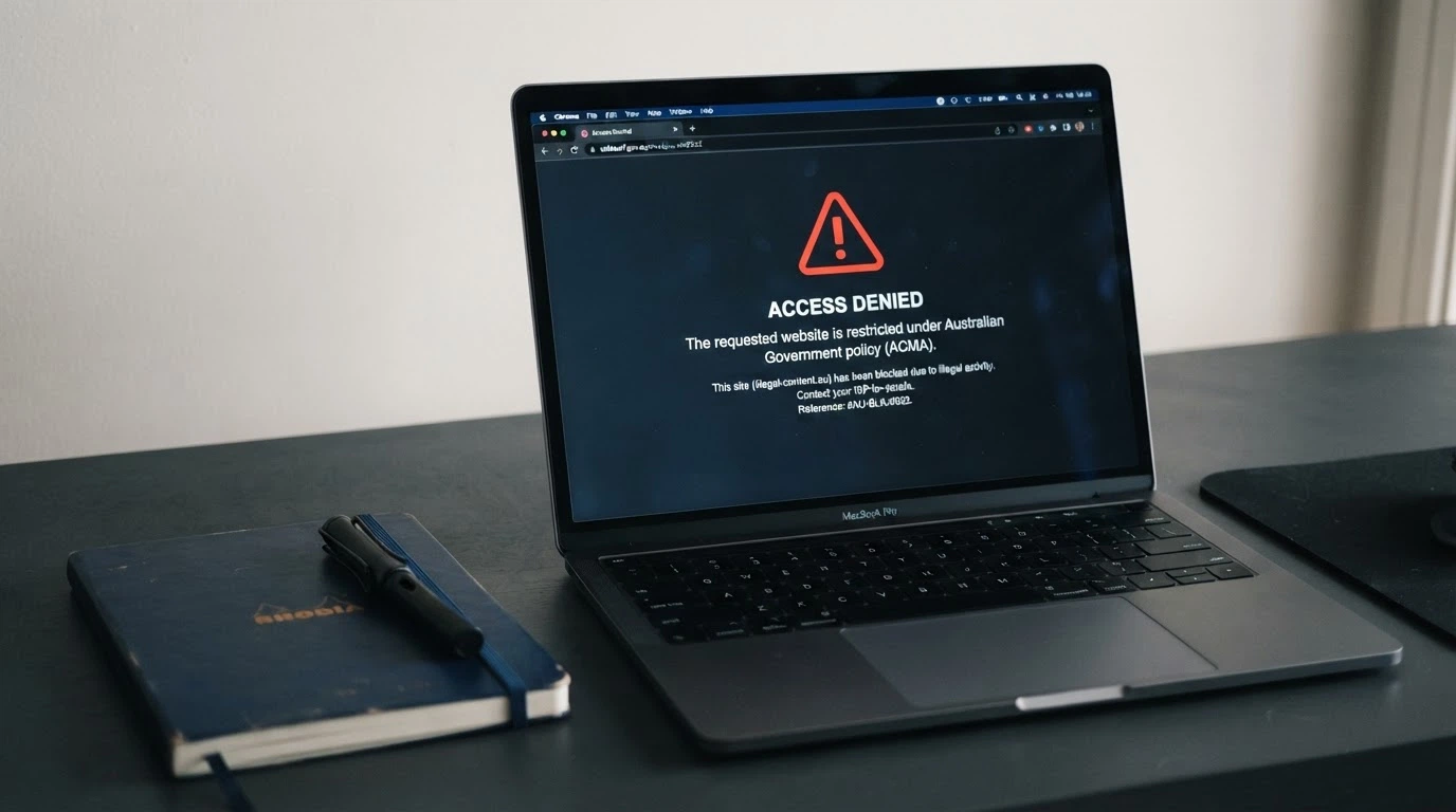 The ACMA logo beside a screen displaying a blocked-website notice from an Australian ISP