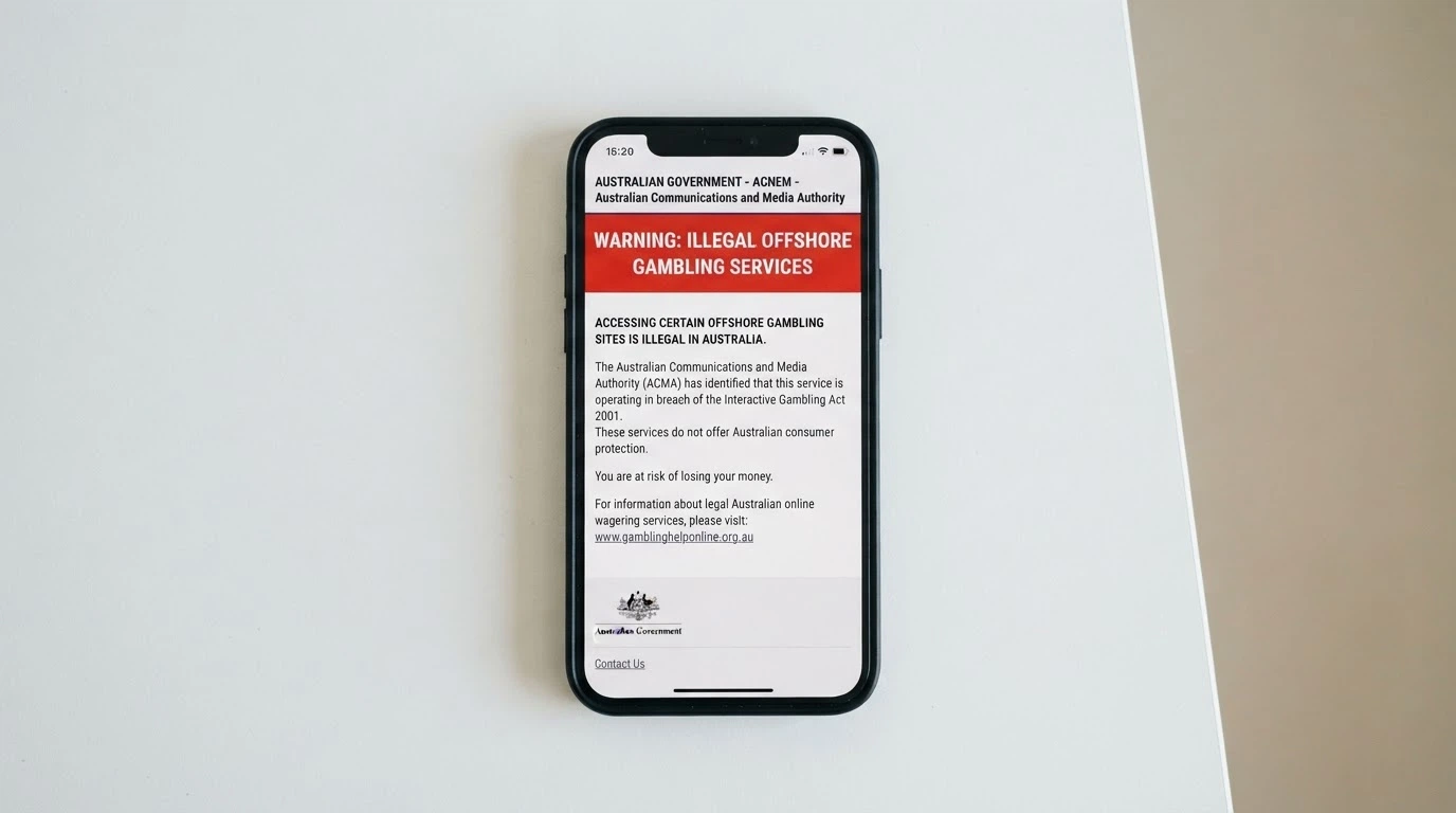 A smartphone displaying the ACMA website with a warning notice about illegal offshore gambling services targeting Australians