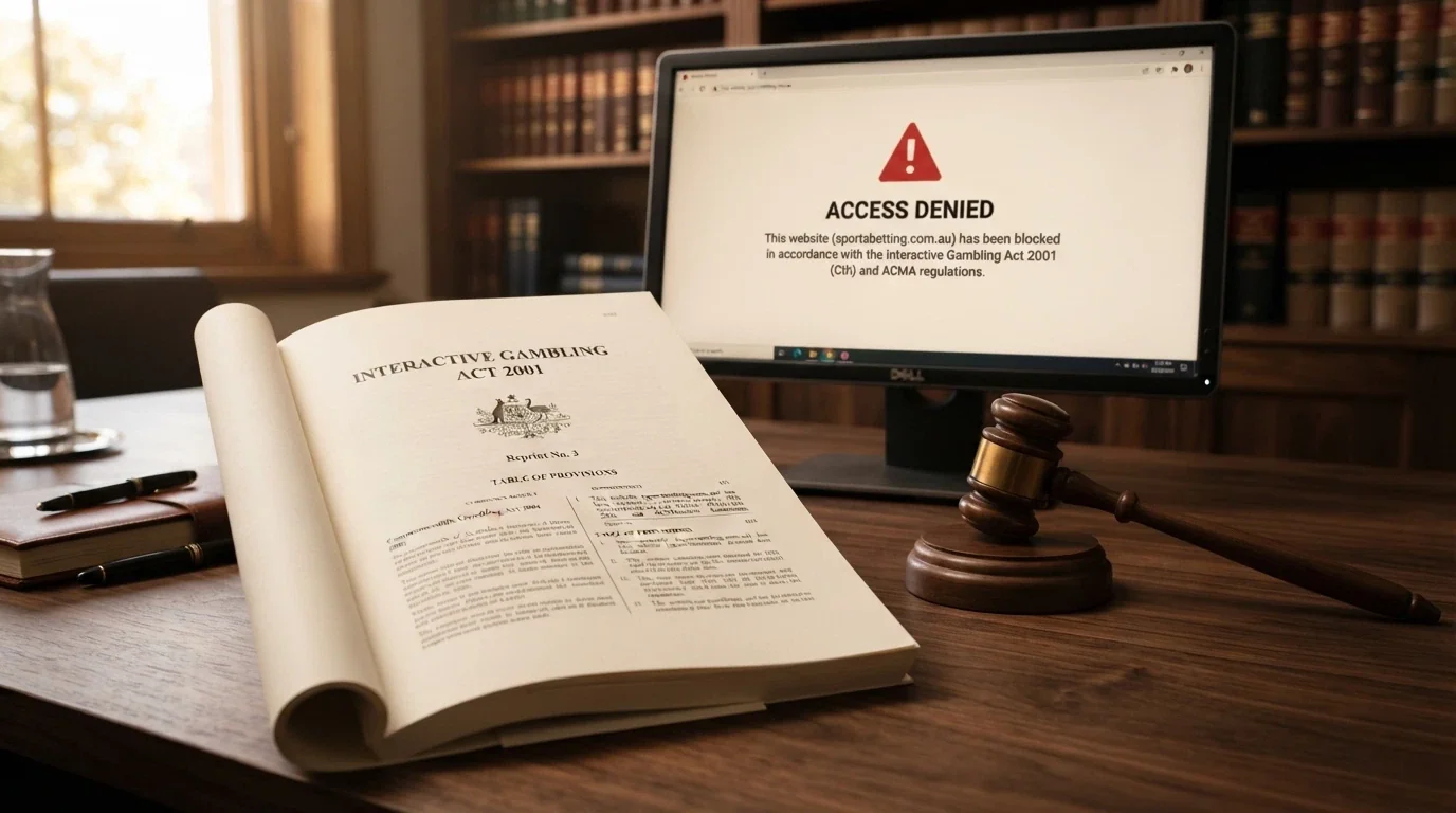 An open document bearing the Commonwealth Coat of Arms and the title “Interactive Gambling Act 2001” on a desk, with a gavel resting beside it and a computer screen in the background showing a blocked-website notice