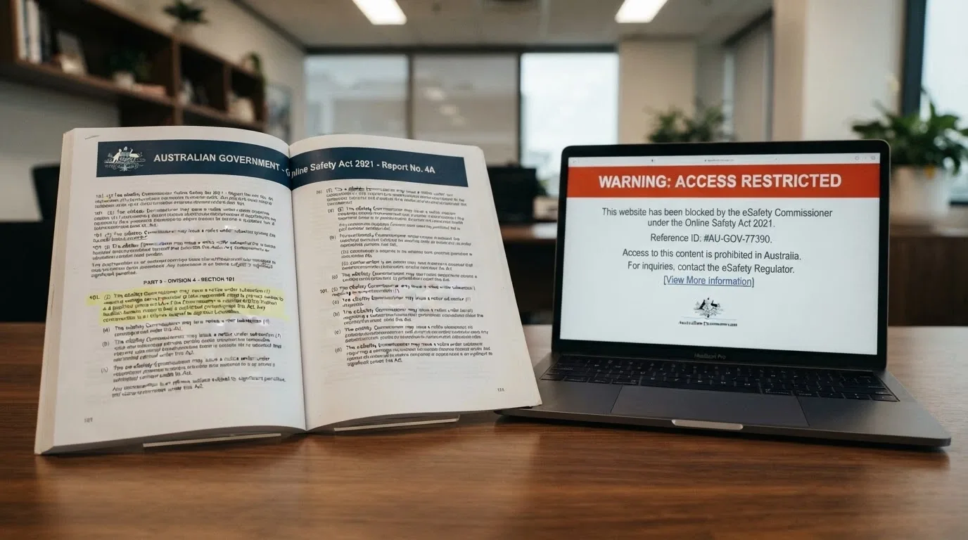 A government document excerpt — the Interactive Gambling Act 2001 — with the words “prohibited interactive gambling service” highlighted, beside a blocked-website notice from the ACMA.