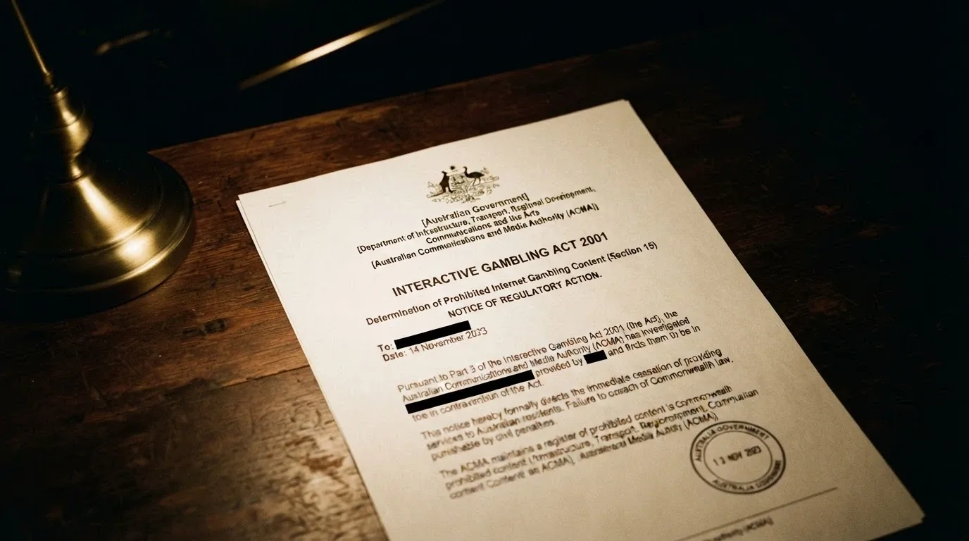 A government-style document or warning notice overlaid on a darkened Australian casino-themed background, with the Interactive Gambling Act reference visible